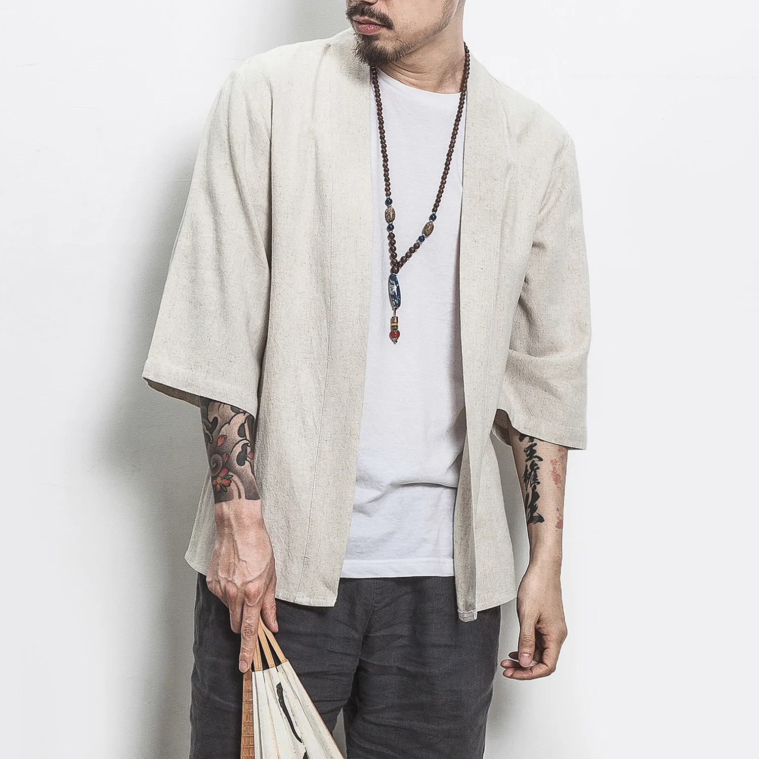 Summer new men\'s cardigan Chinese style linen natural color patchwork men\'s cardigan solid color cotton linen men\'s cardigan