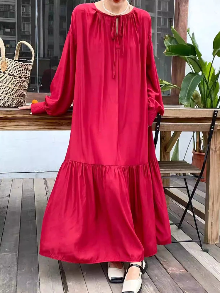 Vestido largo e de primavera estilo perezoso con cuello redondo y lazo en la parte delantera y trasera, vestido largo ...