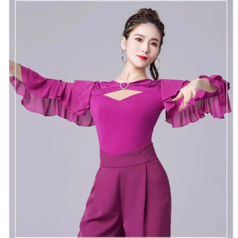 

X2211 Modern Dance Top Women's New Latin Dance Ballroom Dance Waltz V-Neck Ruffle One-piece Practice Suit