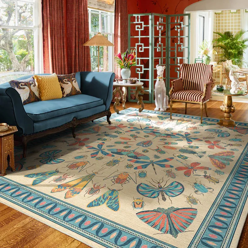 

Living Room Carpet Luxury Retro Southeast Asian Insect Floor Mat Soft and Comfortable Short Plush Machine Washable Non-slip Rugs