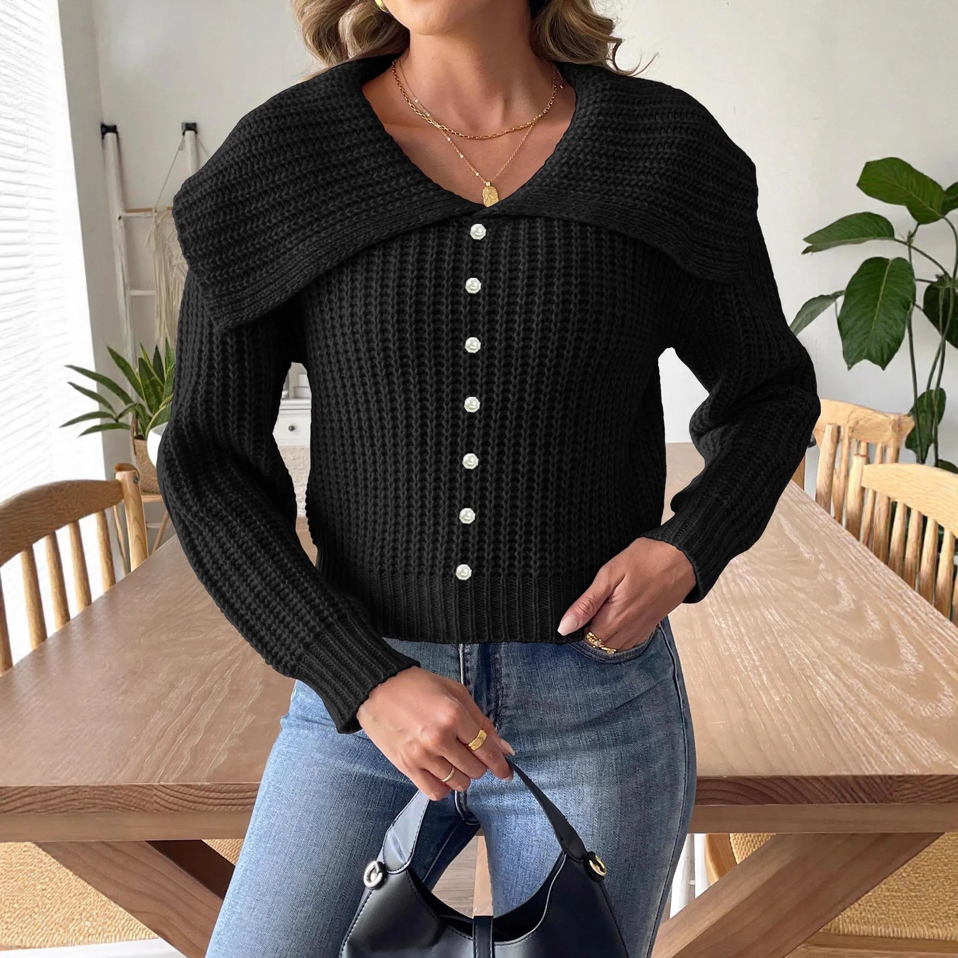 سترة أنيقة طويلة الأكمام للنساء 2025 جديد الديكور الإناث عادية التلبيب البلوز لينة محبوك أبلى الخريف الشتاء ملابس امرأة