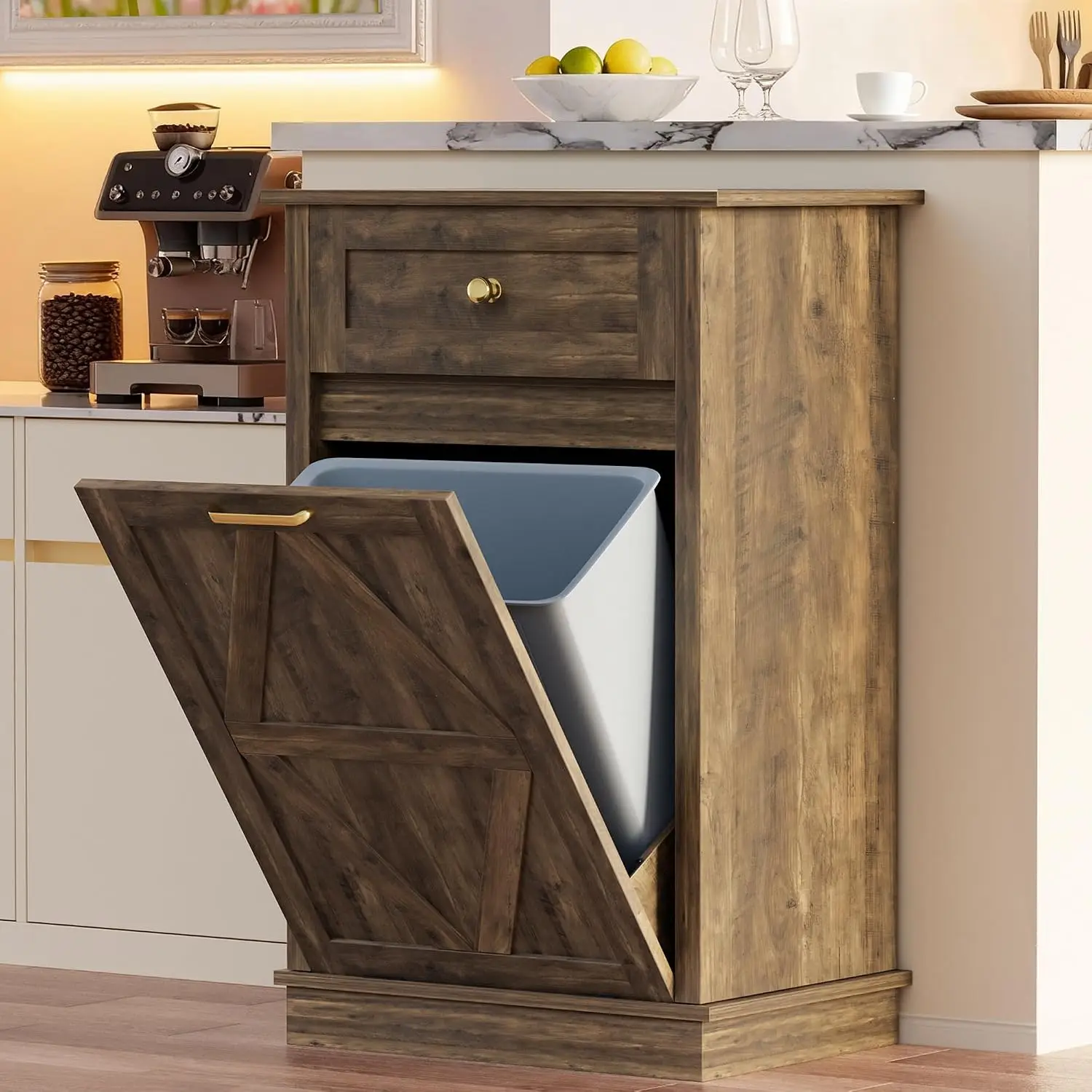 10 Gallon Tilt Out Trash Cabinet with Drawer, Dark Brown