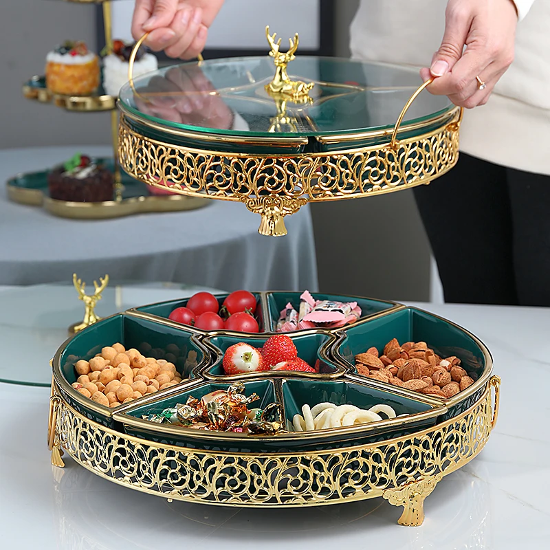 Luxury  Creative Gold Deer Ceramic Dry Fruit Snack Plates Candy Box Fruit Platter Modern Coffee Table Collection Box Gift