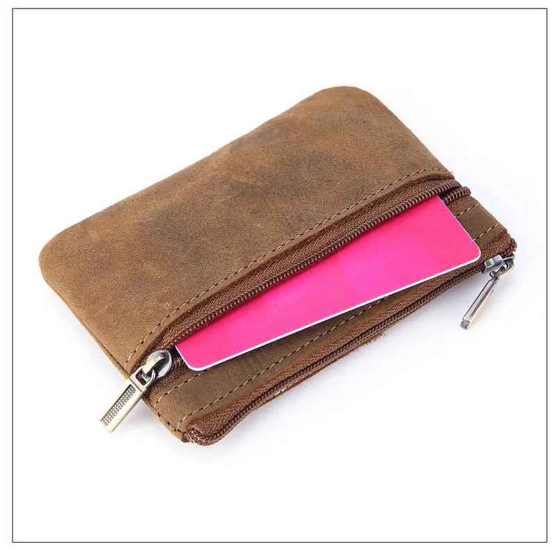 Retro Genuine Leather Coin Purse with Keychain for Men & Women Cowhide  Zipper Coin Wallet Vintage Key Holder