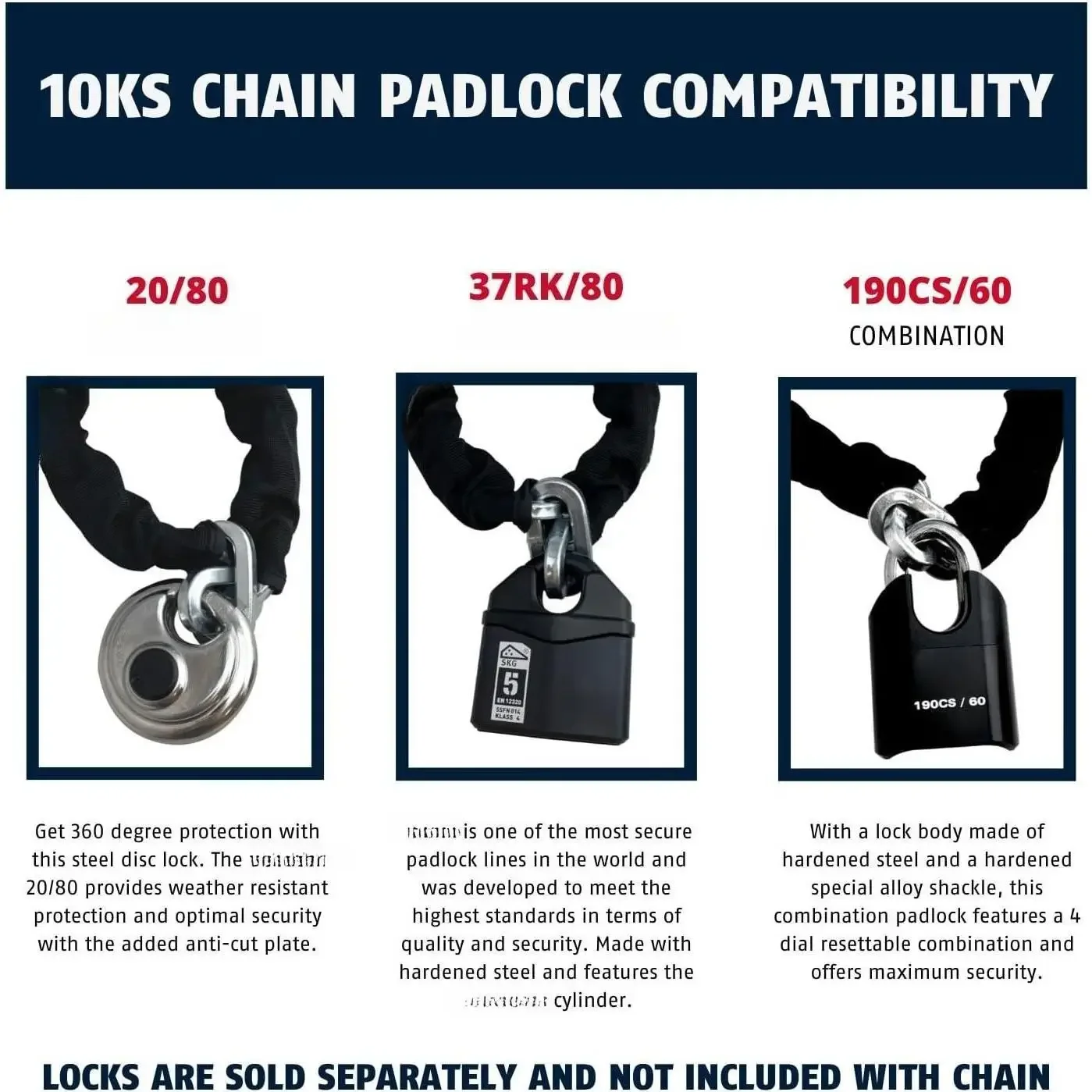 سلسلة أمان مربعة سميكة 10KS 10 أقدام × 3/8 بوصة من الفولاذ المقسى للدراجات والحاويات والمقطورات ومركبات ATV،