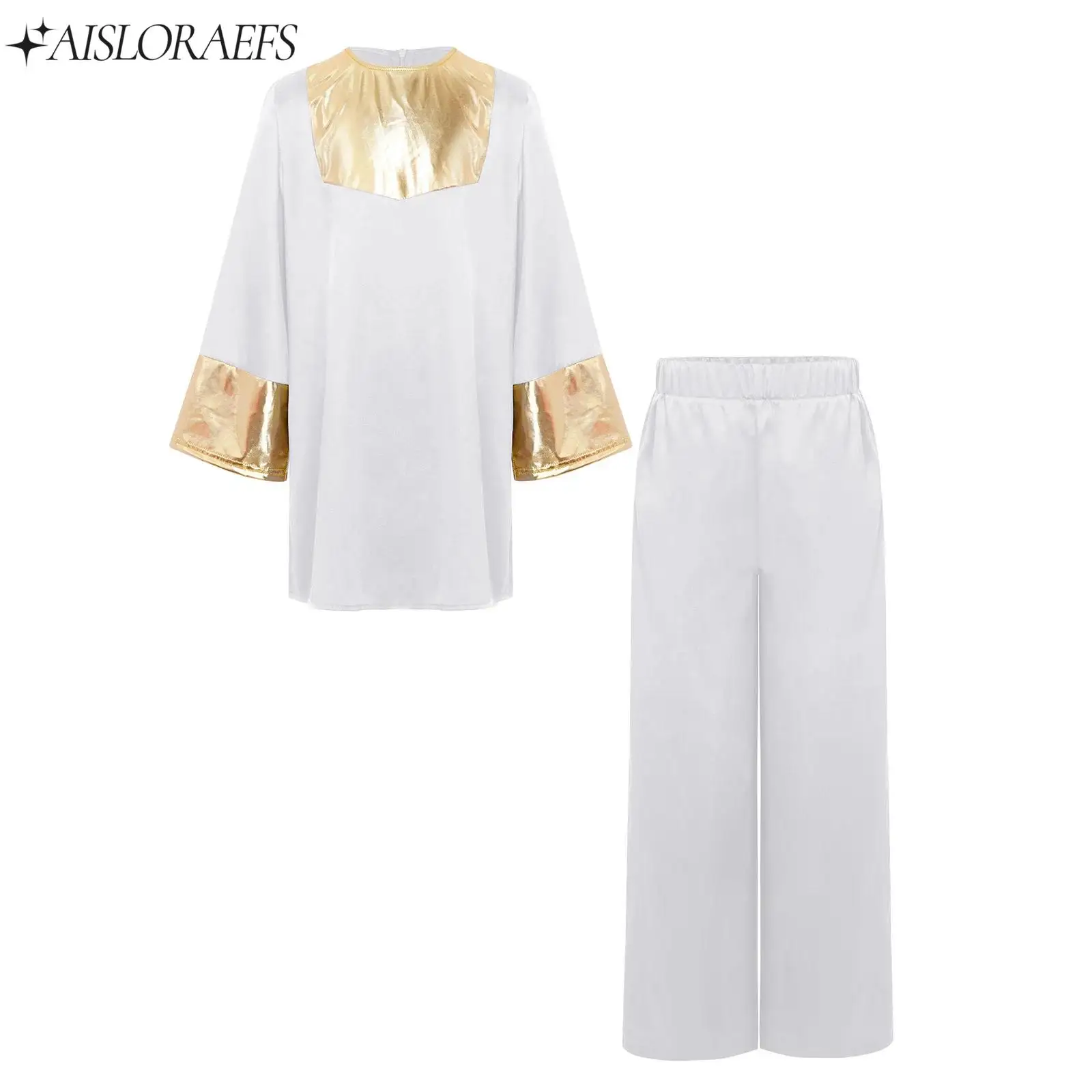 

Boys Lyrical Liturgical Dance Performance Costume Kids Long Sleeve Metallic Robe with Pants Teen Worship Praise Dance Costumes