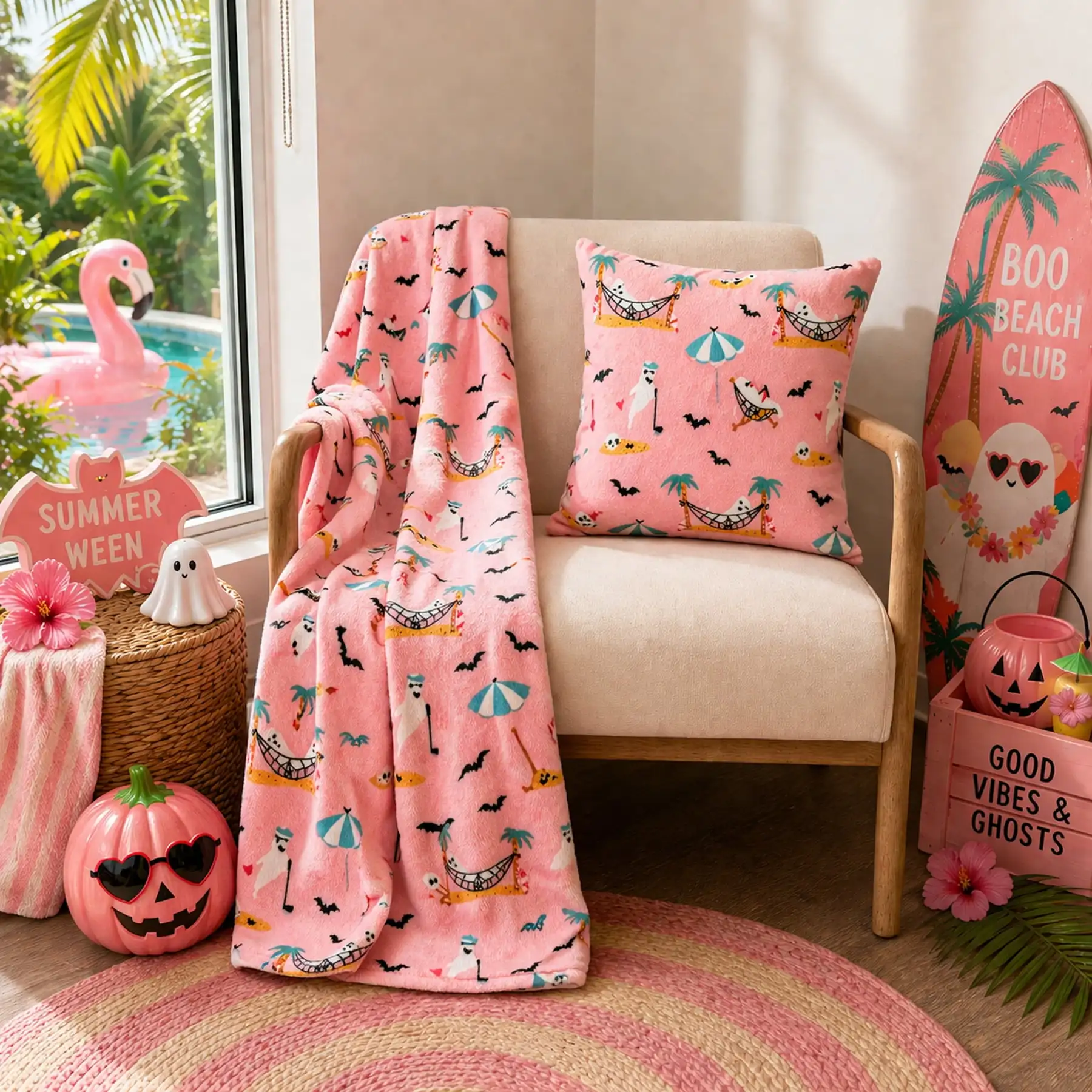Oversize Super Soft Plush Throw Blanket Summerween Retirement Ghost Halloween Pool Patio Throw