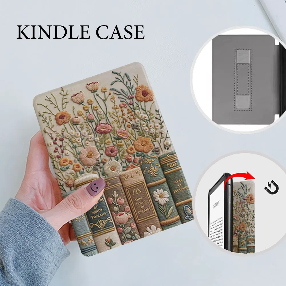 Magnetic back，Vintage-style printed embroidery，imitation embroidery technique，Hand strap Anti drop,kindle case paperwhite 2024