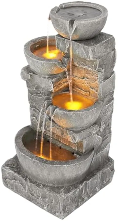 Stone Gray Three Tier Outdoor Water Fountain With Stacked Bowls And Stones