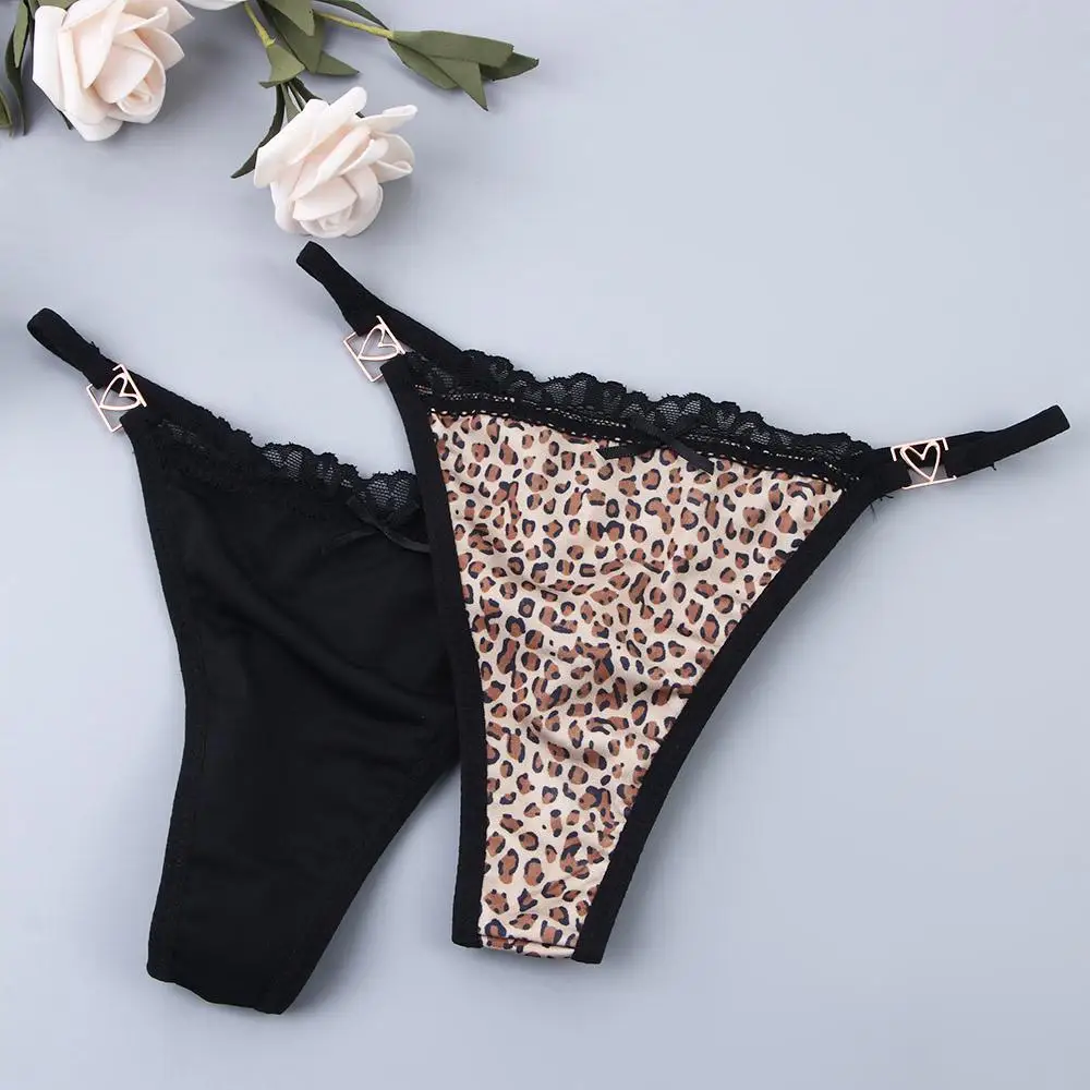 Culotte à ceinture fine rayée léopard pour femme, sous-vêtement en dentelle, string, tentation, taille basse, dos en T, nœud, lingerie, coréen,