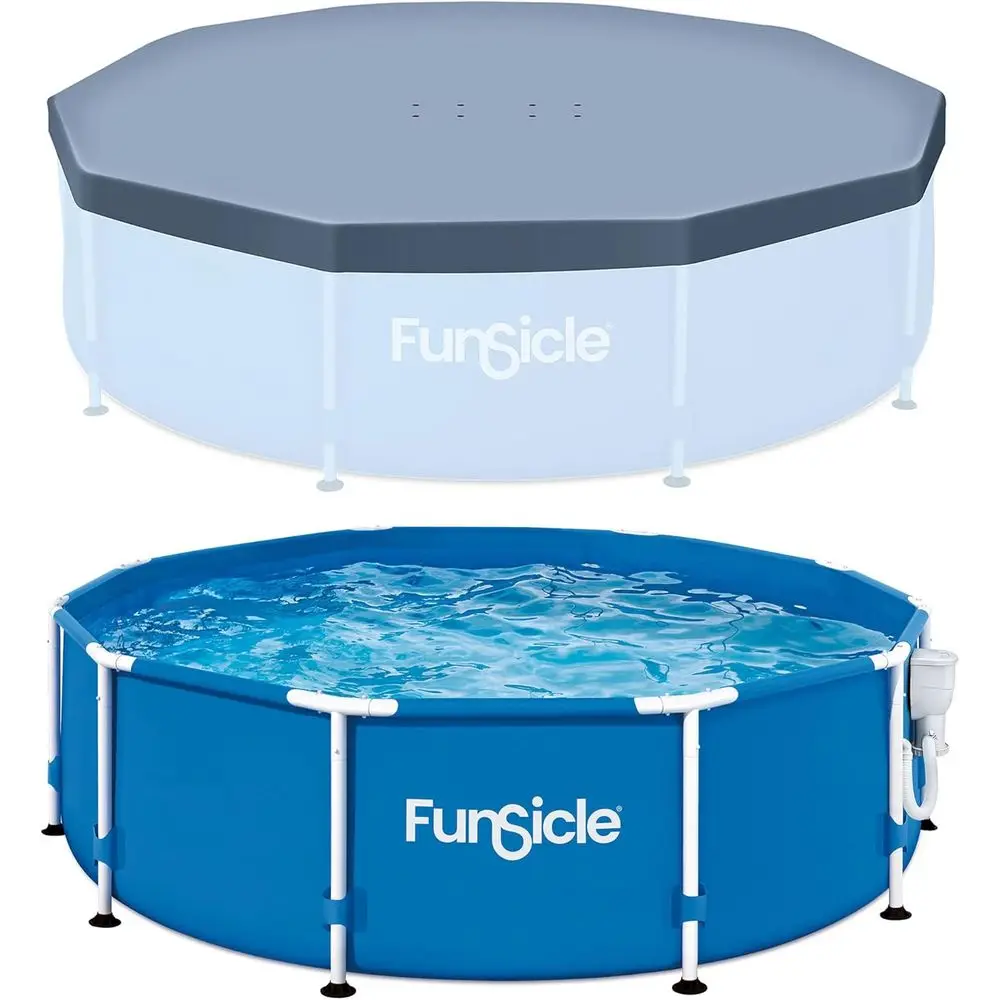 

Круглый металлический сборный бассейн с крышкой для защиты от мусора и фильтрующим насосом-скиммером, синий