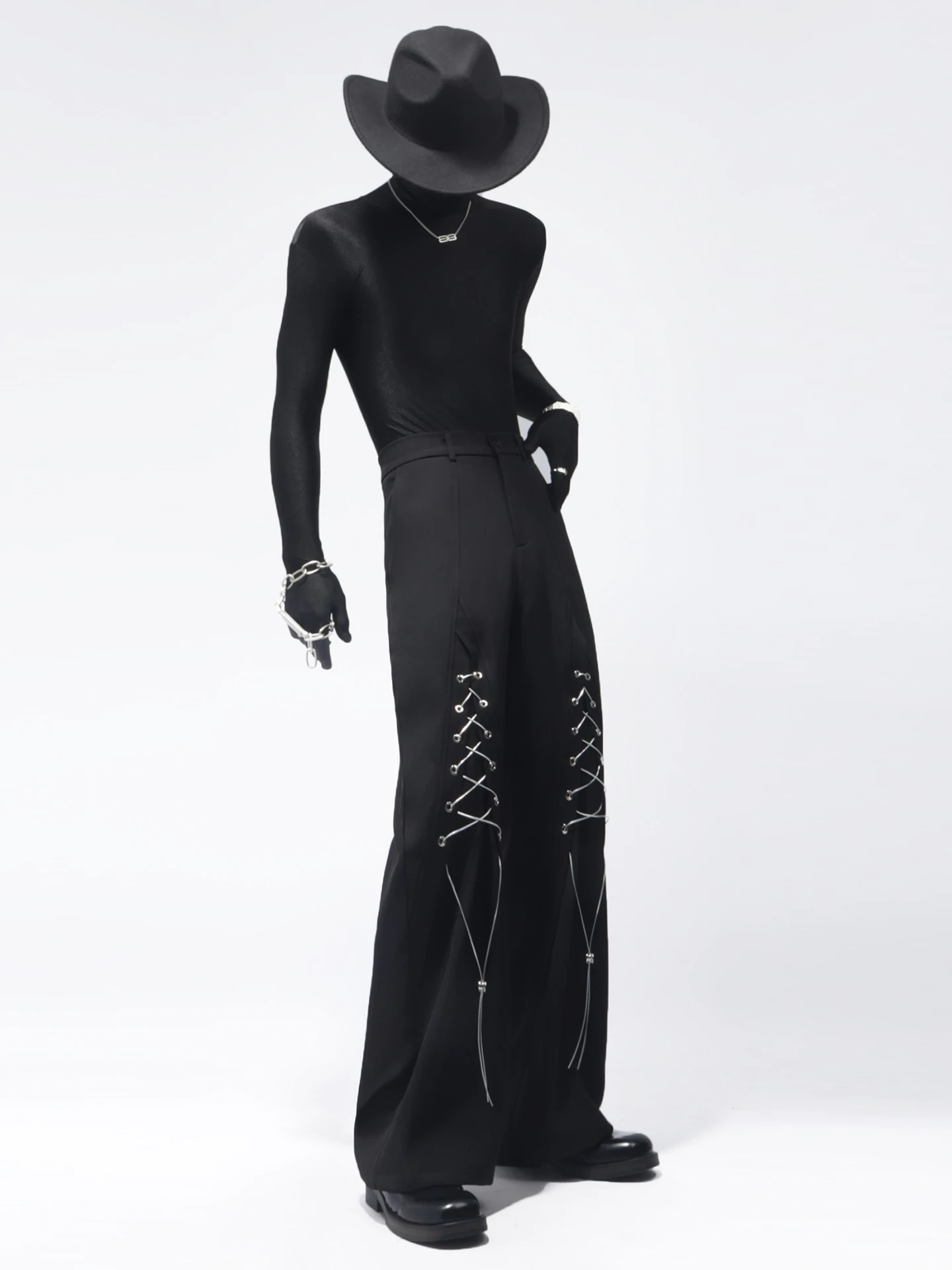 Fashion Trend Korean Version Heavy Craft Black Casual High-End Feel Loose Tie Design Youth Popular Wide-Leg Pants for Men