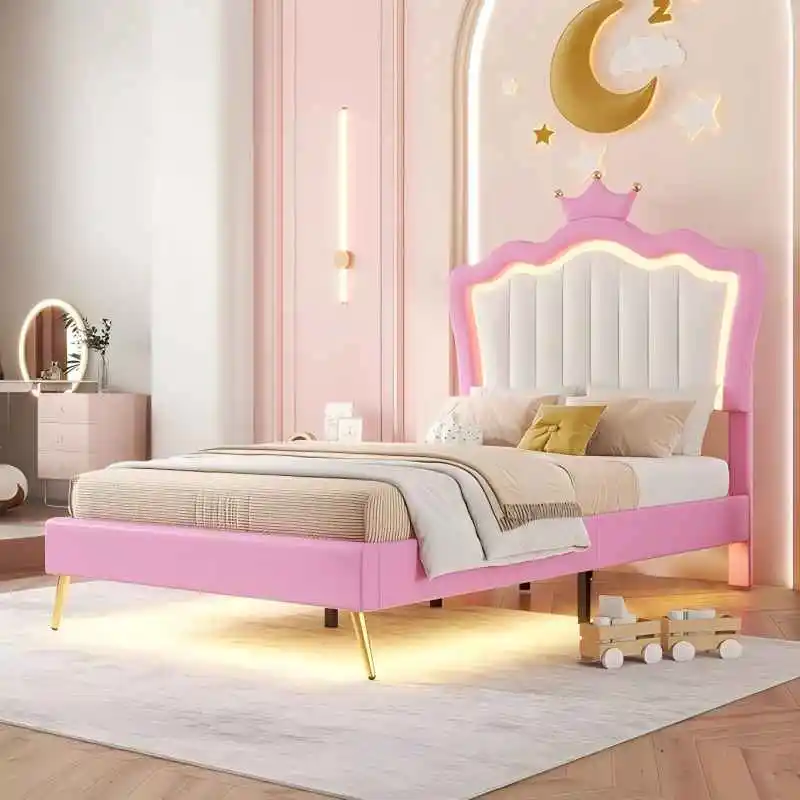 Cama de princesa de tamanho duplo com gavetas de armazenamento para meninas, estrutura de cama de tamanho duplo fofa para crianças, estrutura de cama estofada de solteiro com LE