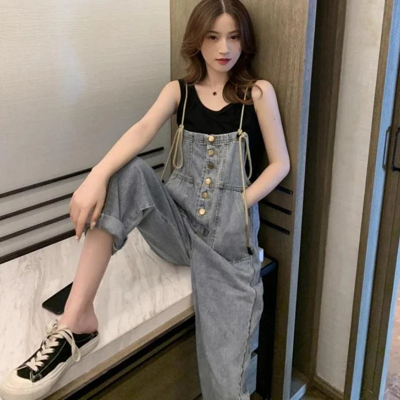 Jumpsuits Womens Summer Simple Retro All-match Sweet Students Korean Style Solid Trendy Chic Denim Pockets Soft Clothing Fit New