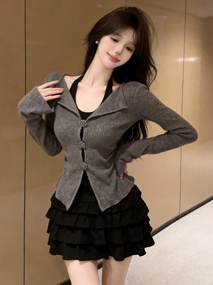 Sexy Sweet Asymmetric Color Block Long Sleeve Slim Fit Half Body Cake Skirt Set Waist Cinching Slit Design Fashionable Women'...