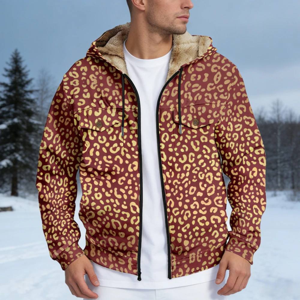 

Trending Animal Leopard Print Men Hooded Jacket Winter Warm Fleece Lined Zip Up Coat Casual Streetwear & Daily Comfort Clothing