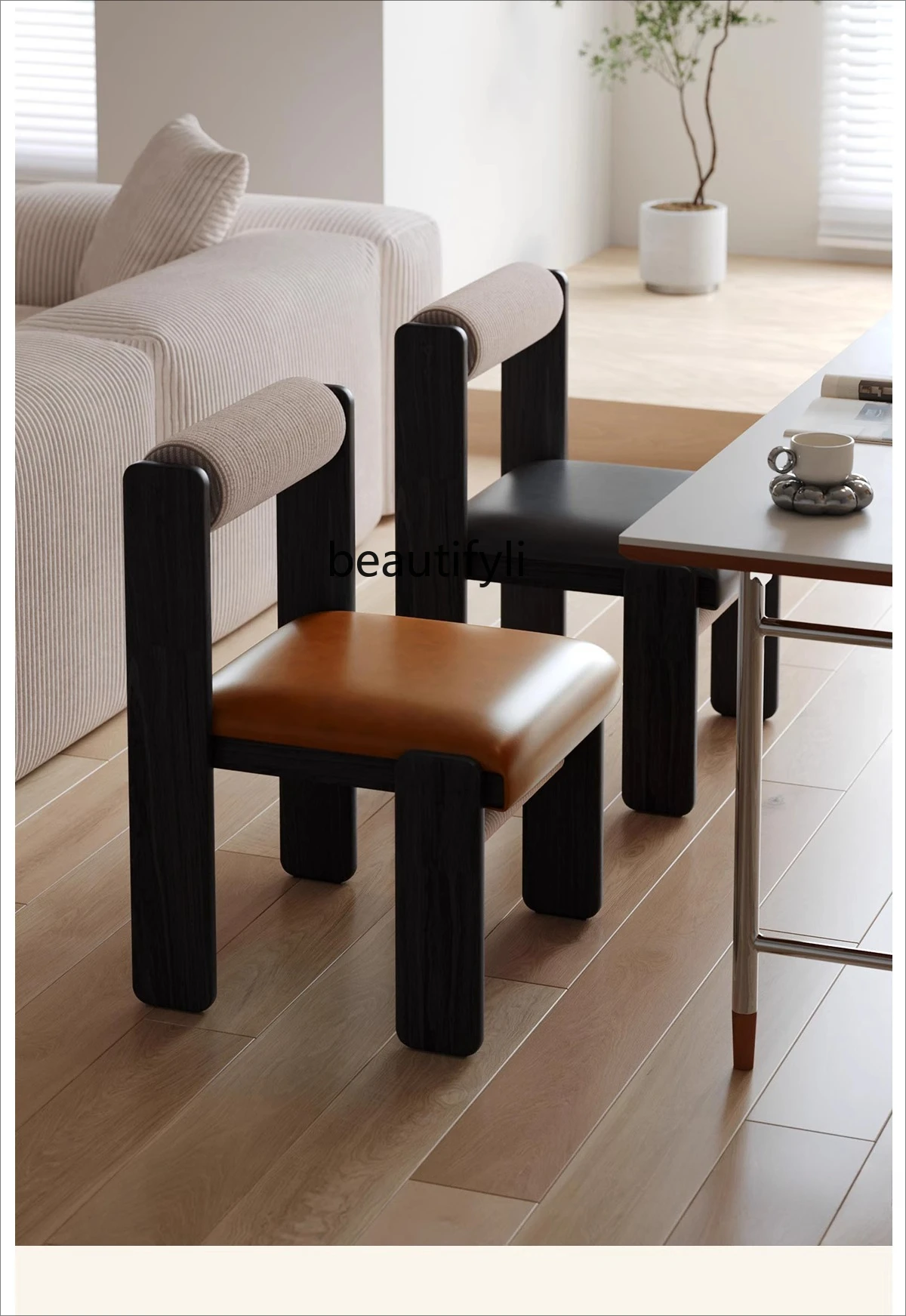 

Household light luxury high-grade solid wood retro backrest thickened casual dining table hall stool