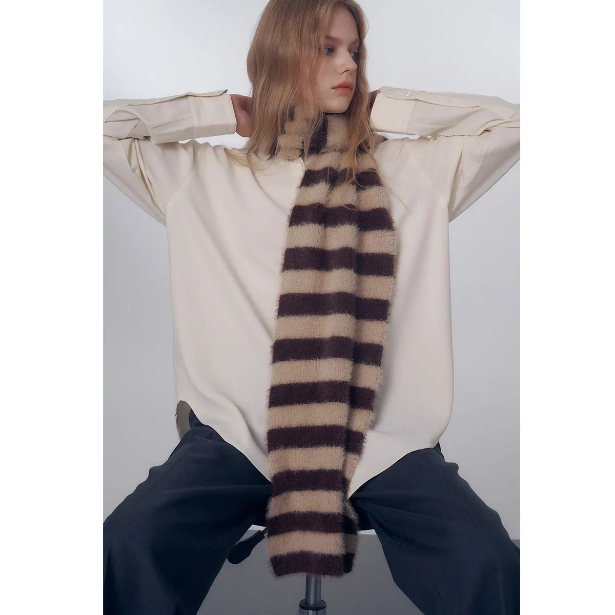 Original Scheme Imitation Mink Wrap Classic Striped Knitted Wool Scarf Women Autumn and Winter Soft Warm Chic Muffler Female