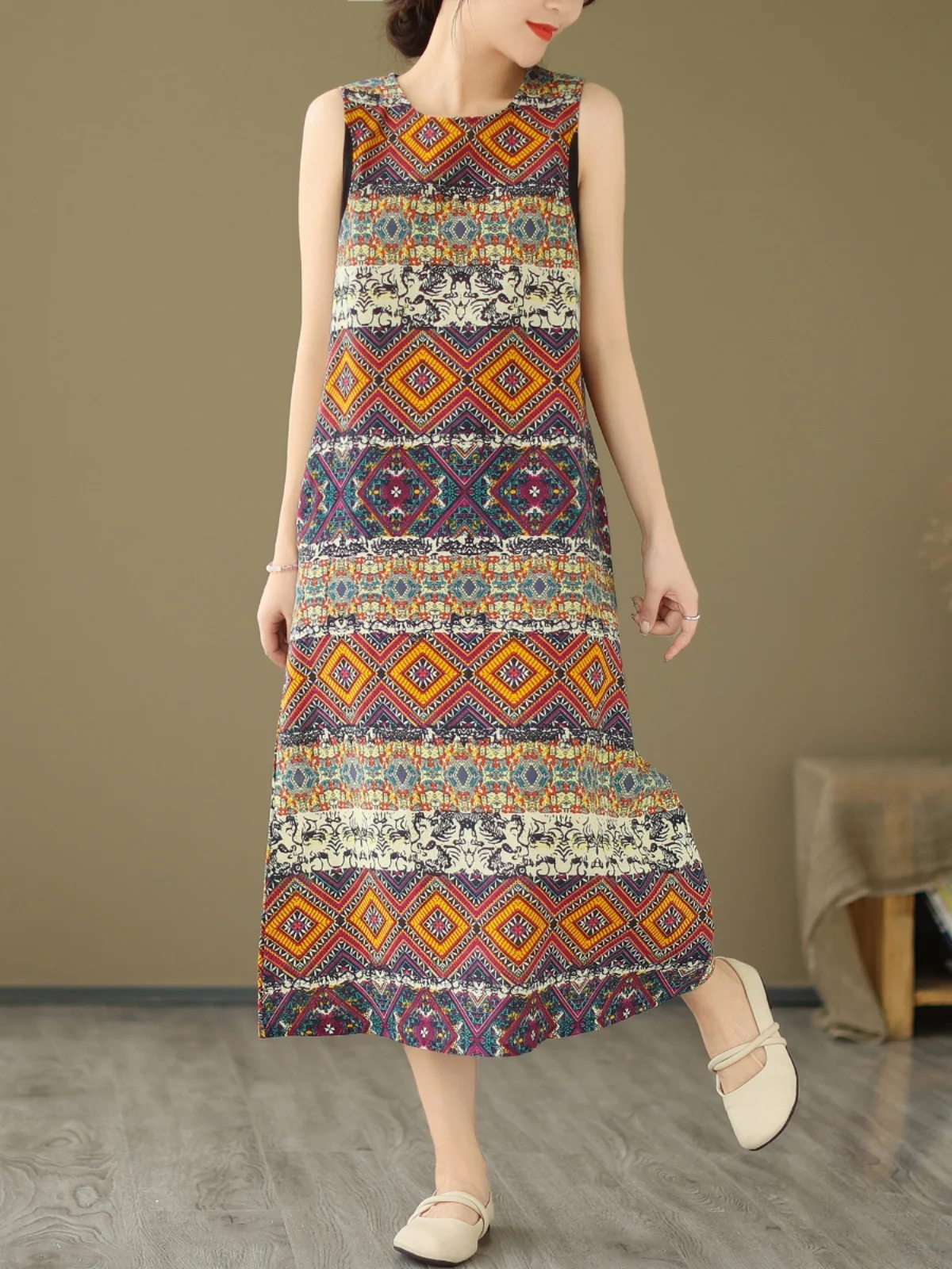 เสื้อกั๊กลายดอกย้อนยุค กระโปรงทรงเอเอวหลวมความยาวปานกลาง สไตล์วินเทจ สำหรับผู้หญิง ฤดูร้อน คอกลม