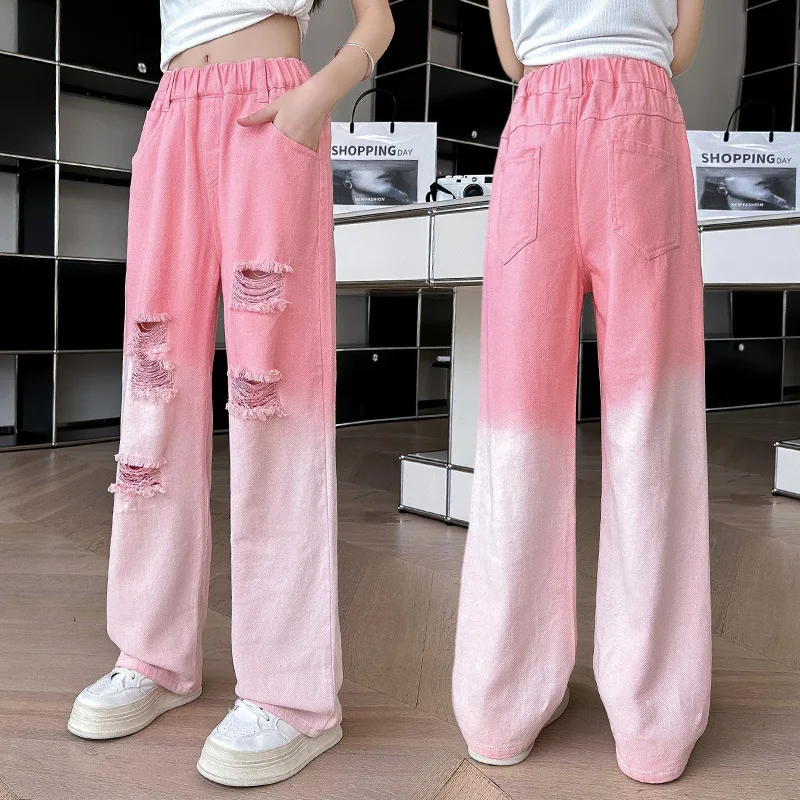 Fashion Child Pink Gradient Jeans for Girl High Street Destroy Denim Pants Kids Designer Broken Ripped Jeans Trousers With Hole