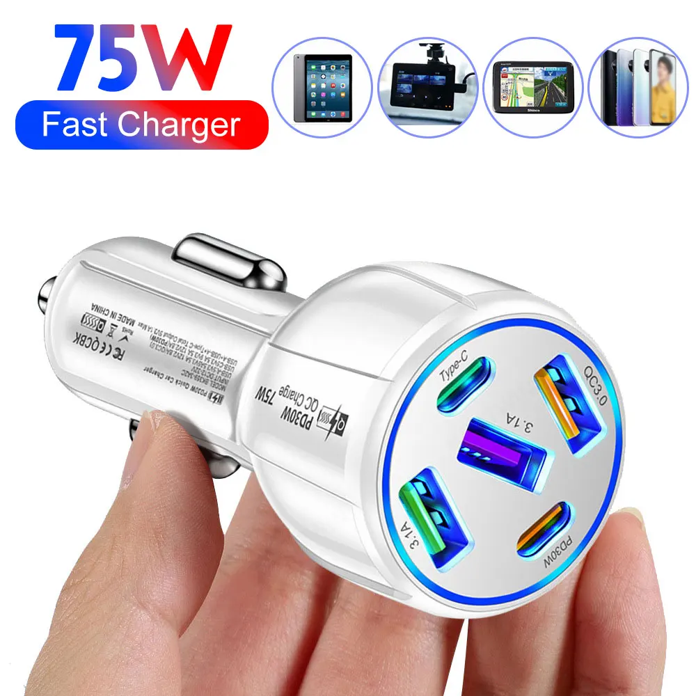 

75w Car Charging 5-port Fast Charging Car Charger 3usb+2pd Cigarette Lighter Charger Universal Car Accessories