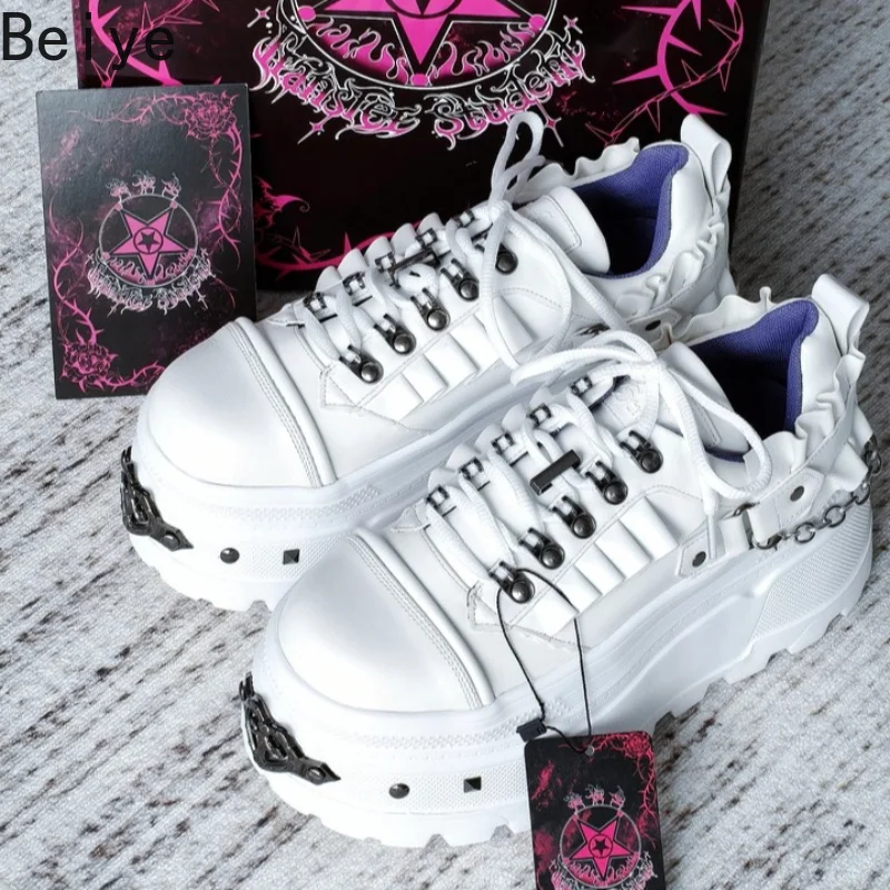 Women Gothic Y2K Platform Sneakers Punk Rivet Metal Chain Lace‑up Thick Sole Shoes Lady Sweet Cool Streetwear Casual Board Shoes