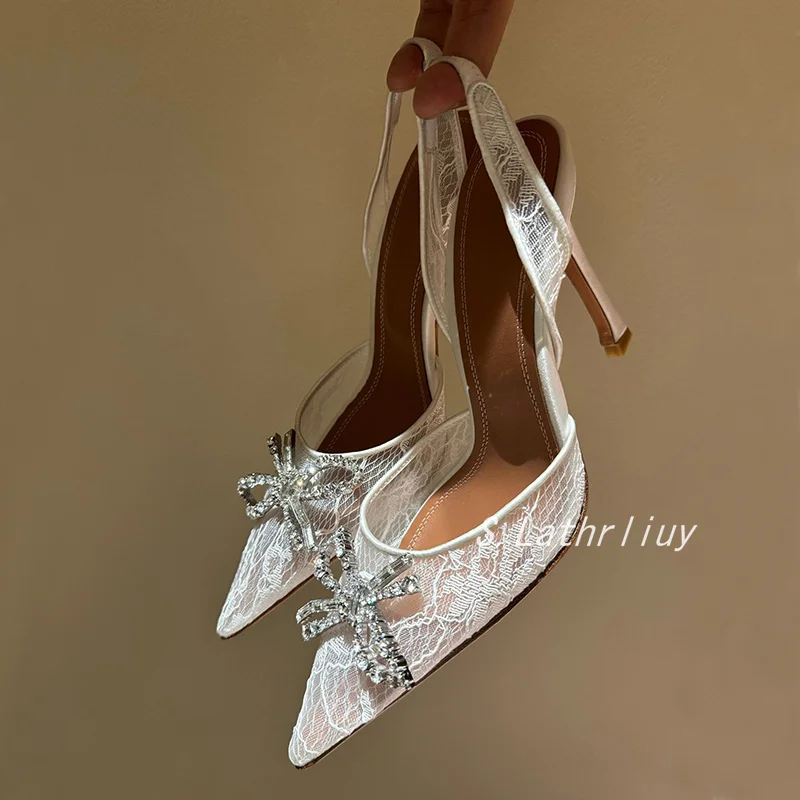 Sandals Rhinestone Flower Pointed Toe High Heels Women Lace Thin Heels Back Strap Sandalias Summer Fashion Party Dress Pumps view 5