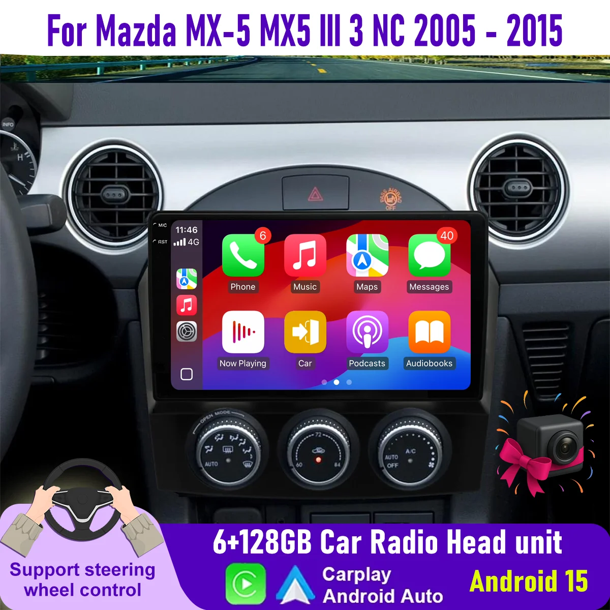 

9“ Wireless CarPlay Android auto 6-128GB (8CORE) For Mazda MX-5 2005-2015 QLED Screen Android Head Unit Navigation GPS Car Radio