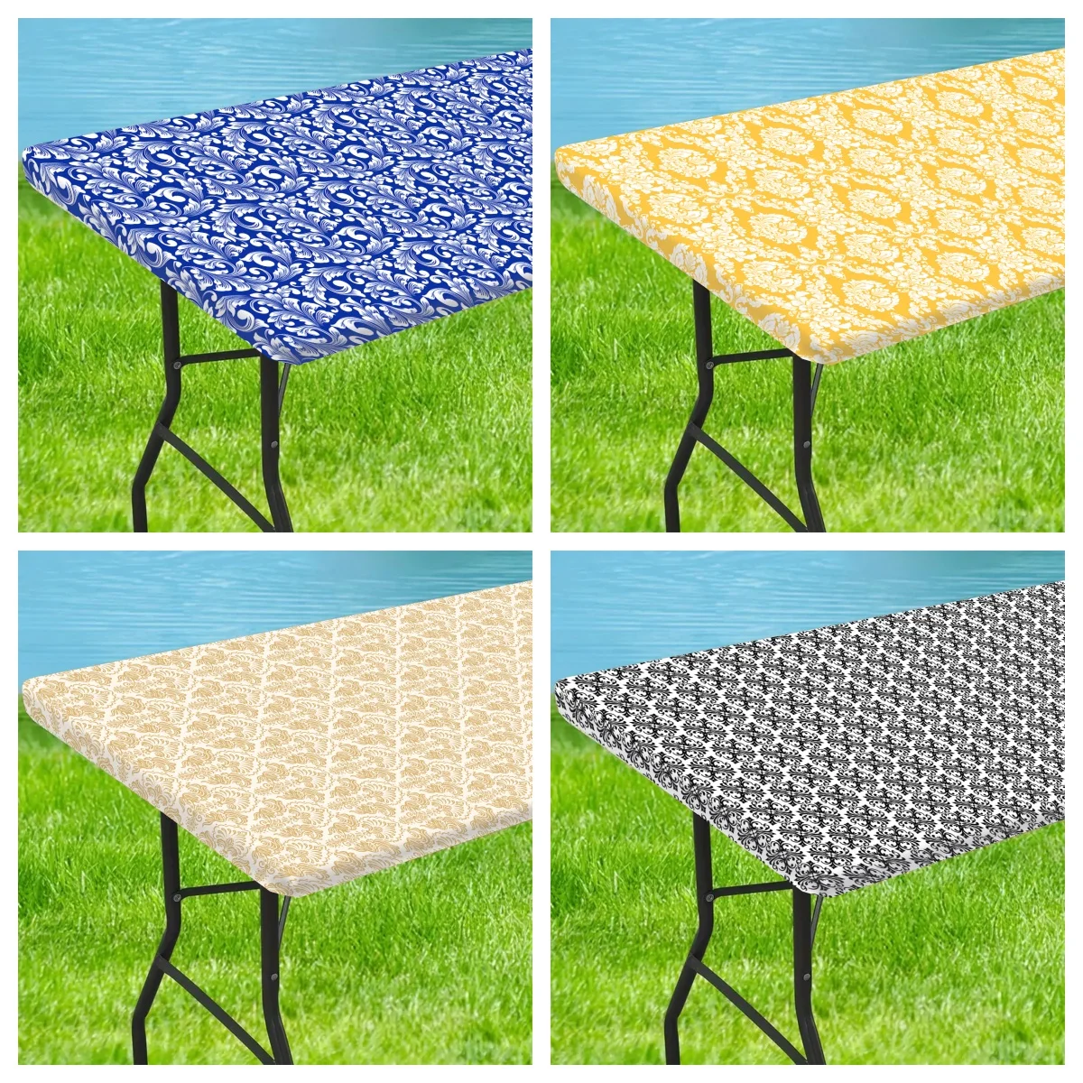 1pc Baroque Tablecloth, Black Pattern Elastic Fit Tablecloth, Folding Table, Washable Tablecloth Graduation Party Decors