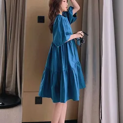 Pregnant Women's Summer A-line Dress Puff Sleeve V-Neck Solid Color Maternity Ball Gown Dress Sweet Short Woman Loose Dress Cute