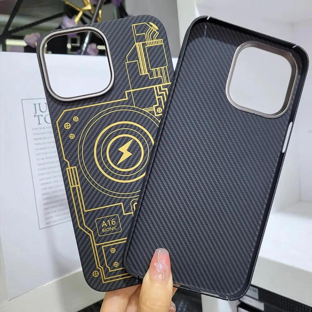 

New Aramid Carbon Fibre For iPhone 14 Pro Max 14Promax 600D Golden Circuits Pure Case For IPhone 14 Pro Hard Case