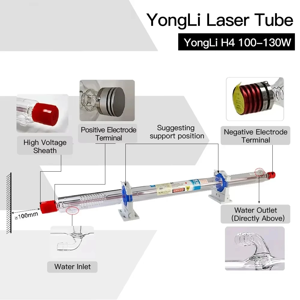 Yongli H4 100W CO2 Laser Tube H Series 60mm Diameter Safe Packaged for Laser Engraving Cutting Machine with Lifetime Warranty