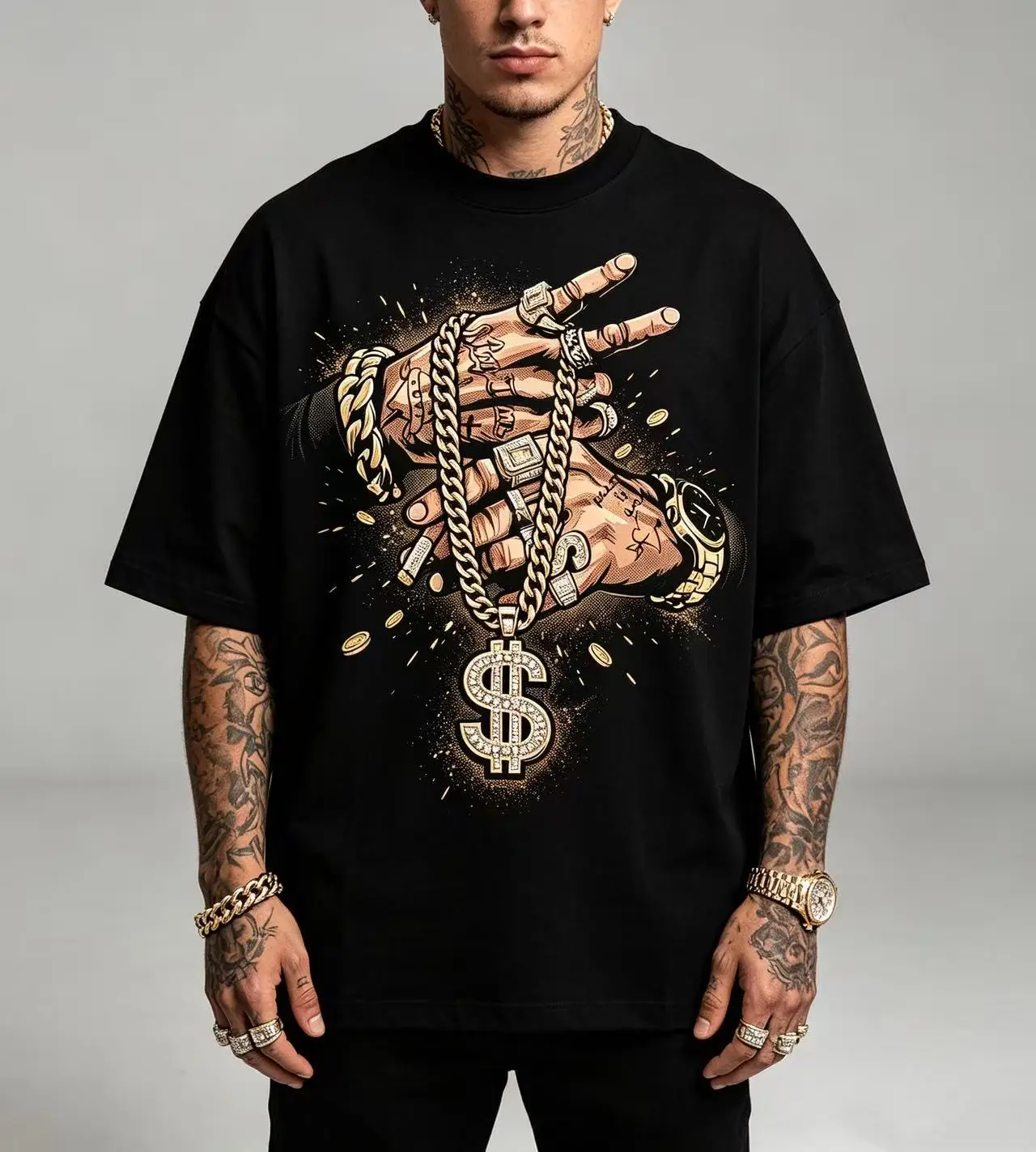 Unisex Hip Hop Tattoo Hands Gold Chain Dollar Sign Graphic T‑Shirt Men Women Streetwear Oversized Cotton Short Sleeve Tee