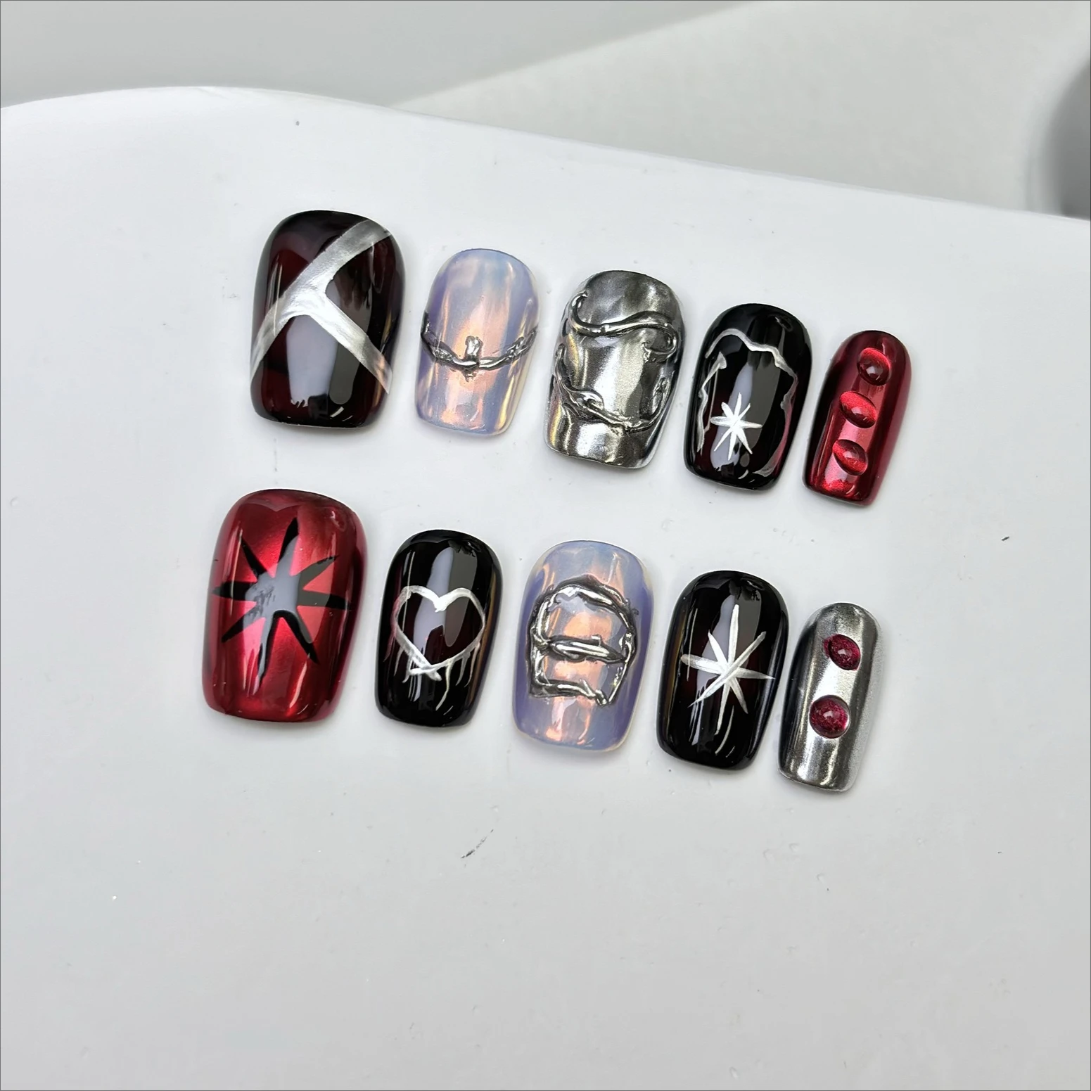 

10 шт. накладных ногтей Y2K в стиле Spice Girls, металлические, крутые, короткие, квадратные, с эффектом «кошачий глаз», ретро, готические, акриловые