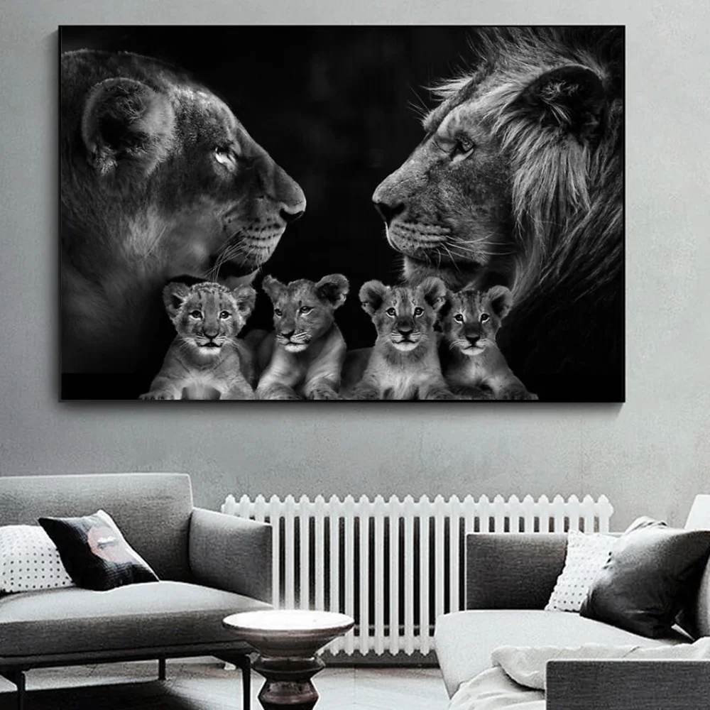 Lion Lioness with Cubs Canvas Painting Black White Animal Poster and Prints Wall Art Picture for Living Room Home Decor