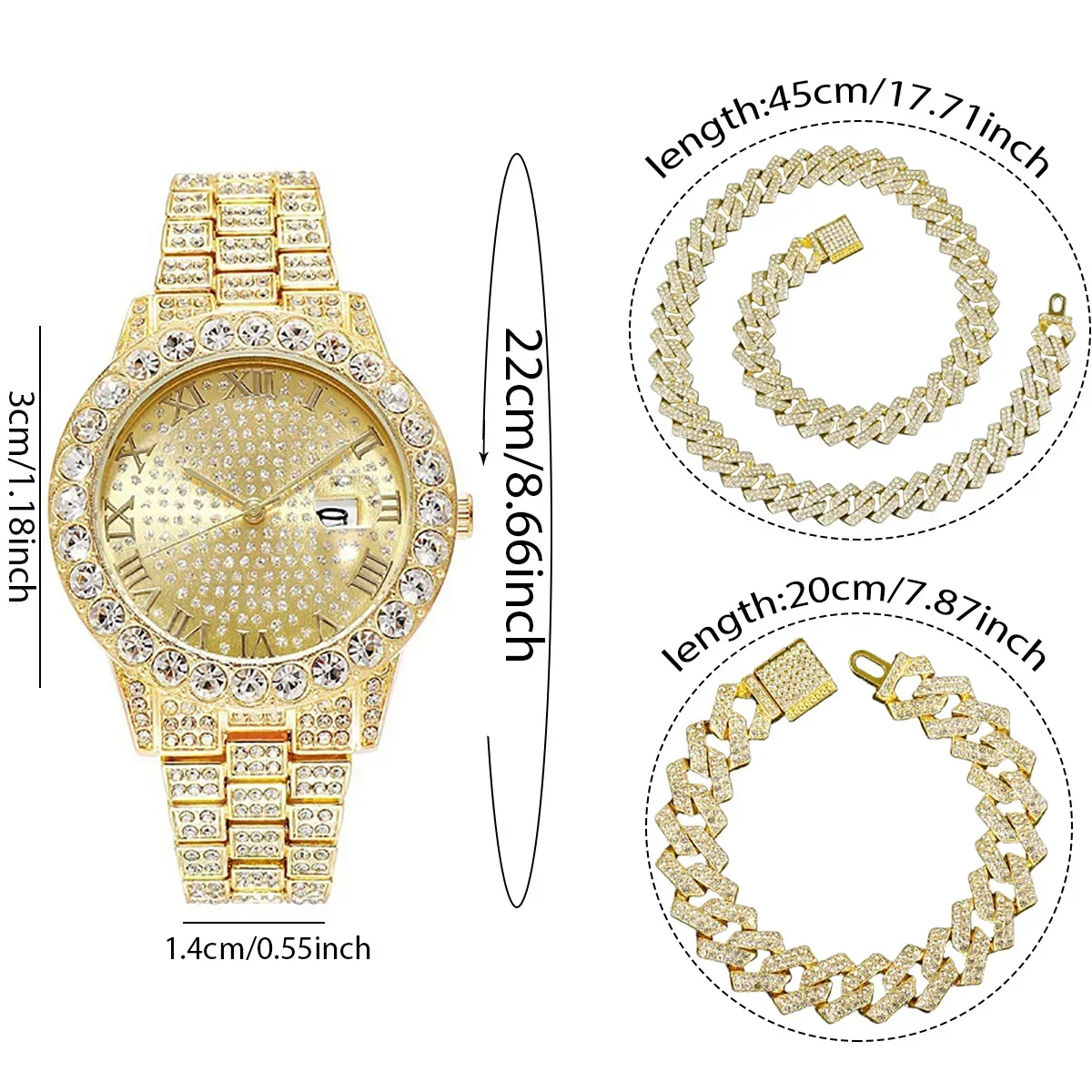 3pcs/set Mens Fashionable Dial Quartz Calendar Watch with Rhinestone Chain - Stylish Zinc Alloy Case and Strap