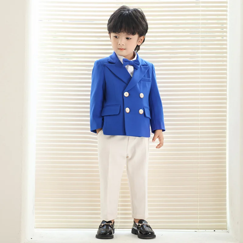 Children Royal Blue Yellow Suit For Wedding Boys Jacket Pants Bowtie Flower 4PCS Ceremony Tuxedo Dress Kids Photograph Costume