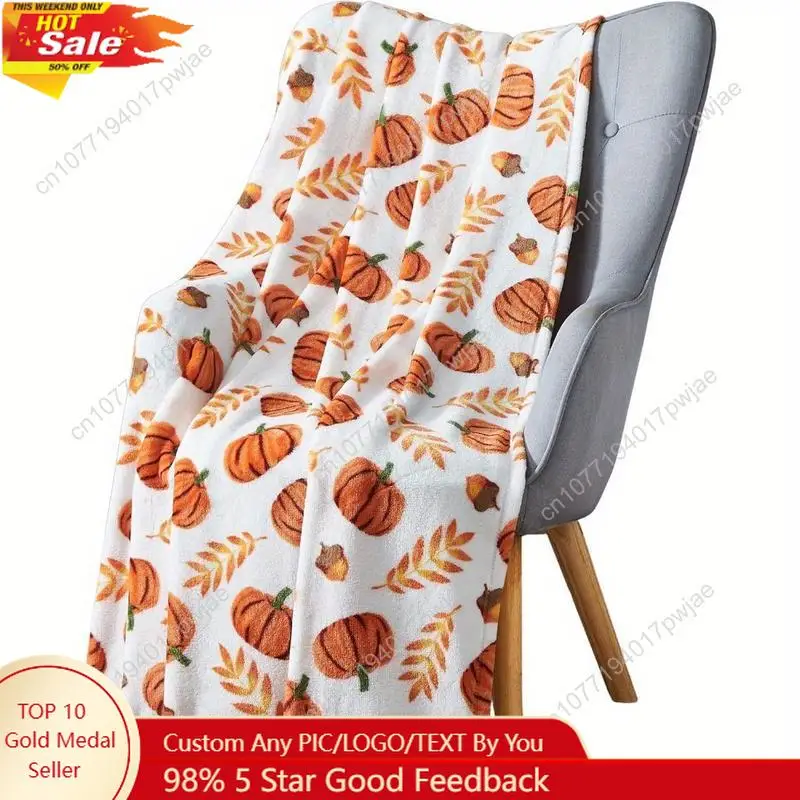 

Cozy Farmhouse Fall Flannel Throw Blanket - Soft Velvet Fleece with Pumpkin Leaf Wheat Design Warm Autumn Custom blankets