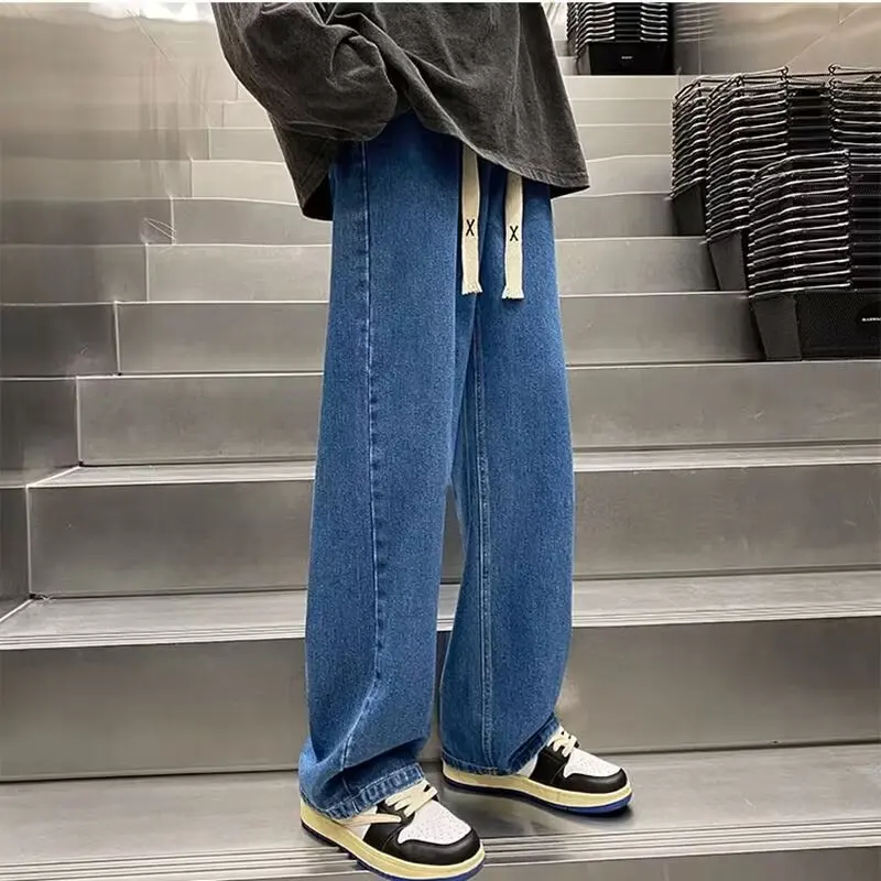 

Loose Straight Leg Men's Jeans High Street Versatile Spring Autumn Elastic Waist Long Pants Casual Loose Fit Youth Sle