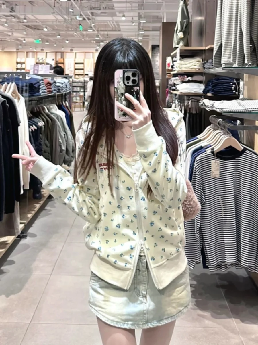 

Женская приталенная толстовка с американским цветочным принтом на молнии, с длинными рукавами, для повседневной носки, весна-осень 2024