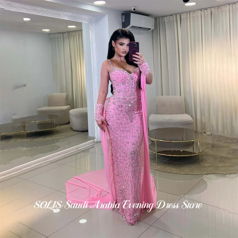 

SOLIS Pink Mermaid Seetheart 프롬 드레 Spaghetti Strap Prom Gown with Crystal Rhinestones Party Dresses for Event Customized