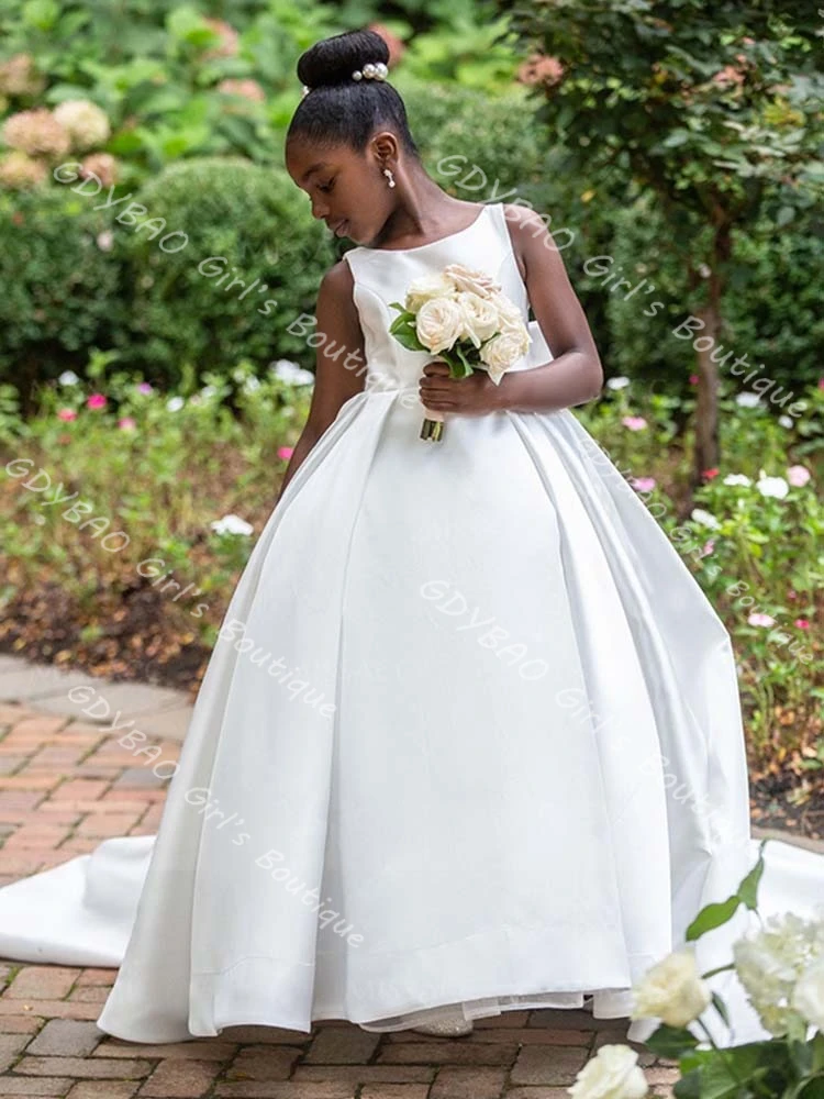 Vestidos blancos de flores para niña para boda, vestido de primera comunión con tirantes para niños de 2 a 14 años, vestido largo personalizado para fiesta de desfile con cola de lazo