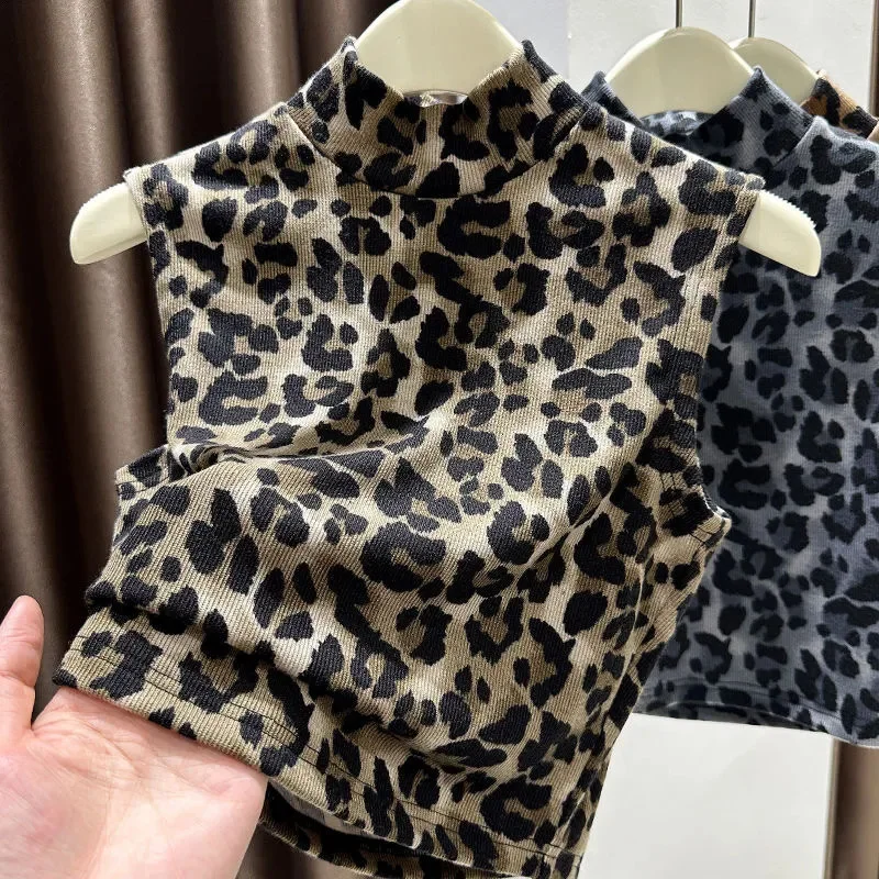 سترة نسائية بدون أكمام قميص برايمر جديد بنصف الياقة العالية صدرية فضفاضة سترات مطبوعة بنقشة الفهد بلوفر علوي للسيدات