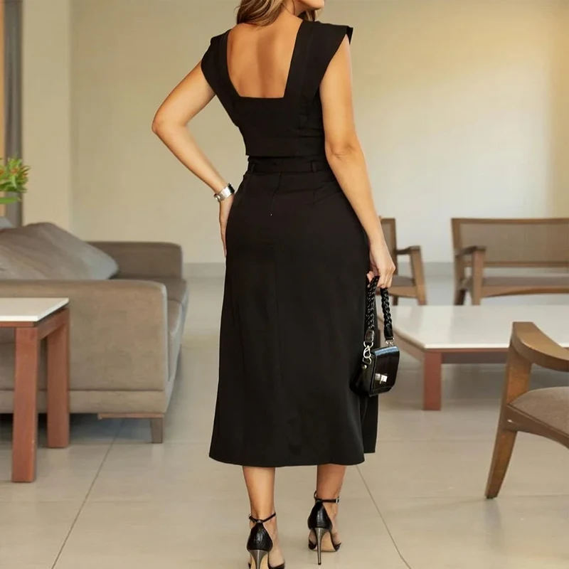 Wefads Two Piece Suit Summer 2024 Women Casual V Neck Solid Round Neck Sleeveless Backless Top With Belt Slit Long Skirt Sets