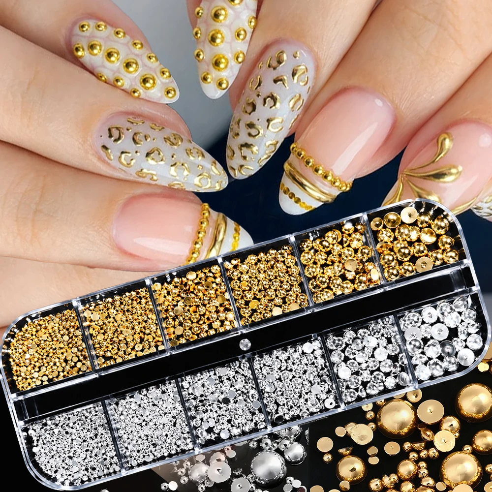 12Grids 3D Gold & Silver Half-Round Caviar Bead Nail Charms 1-2mm Steel Beads Nail Rhinestone Flatback Pearl Ball Nail Rivet Dec