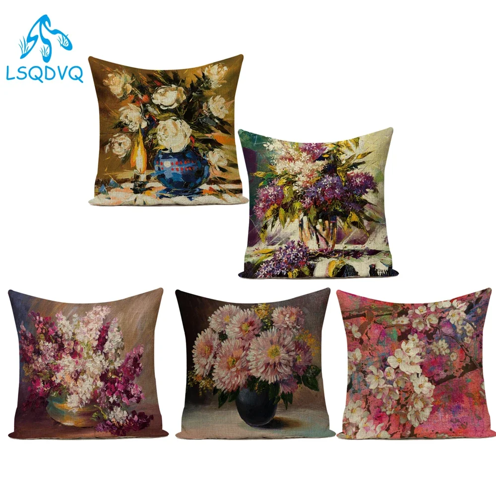 Polyester Oil Painting Flower Vase Decorative Pillows Sofa Home Decor Cushion Cover for Living Room Capa De Almofadas
