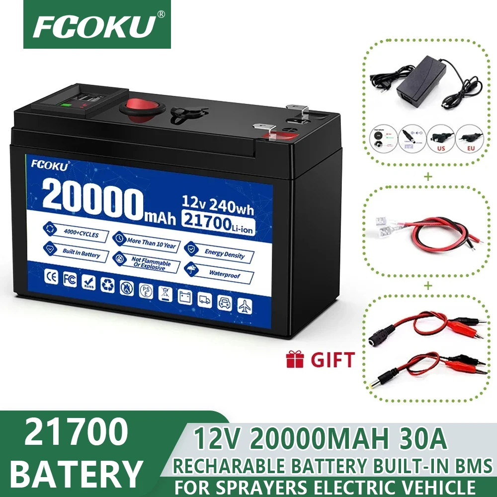 12V 20Ah 21700 Battery High Capacity 30A Recharable Lithium Battery Pack Built-in BMS Sprayers Electric Vehicle Battery+Charger