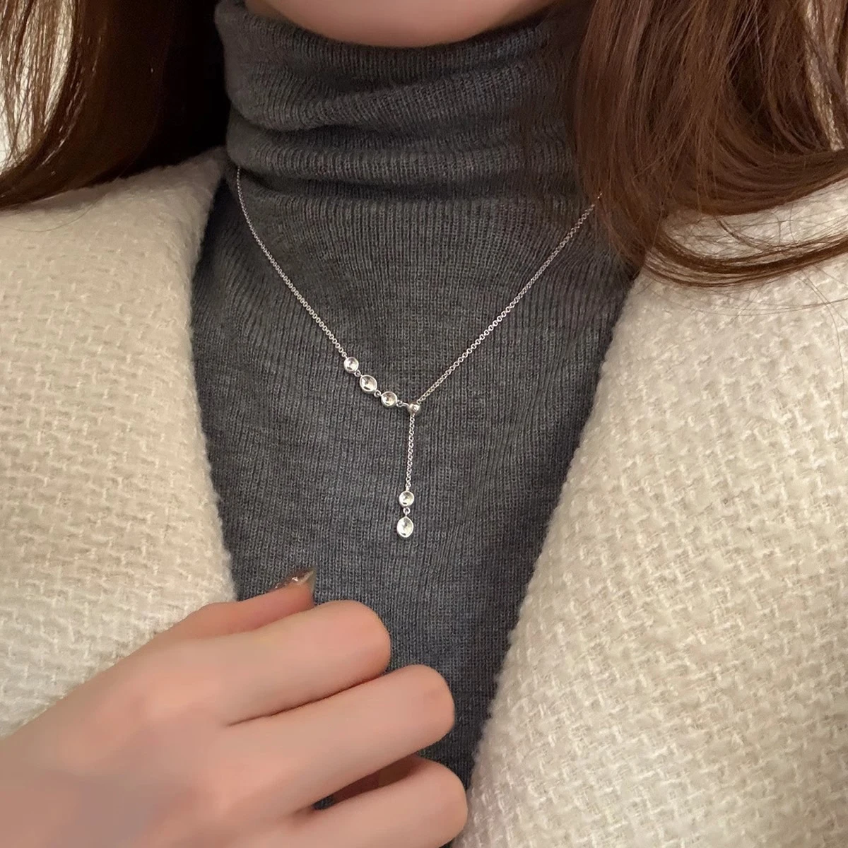 

PANJBJ 925 Sterling Silver Geometry e Ellipse Necklace for Women Asymmetric Tassels Design Trend Jewelry Gift Dropshipping