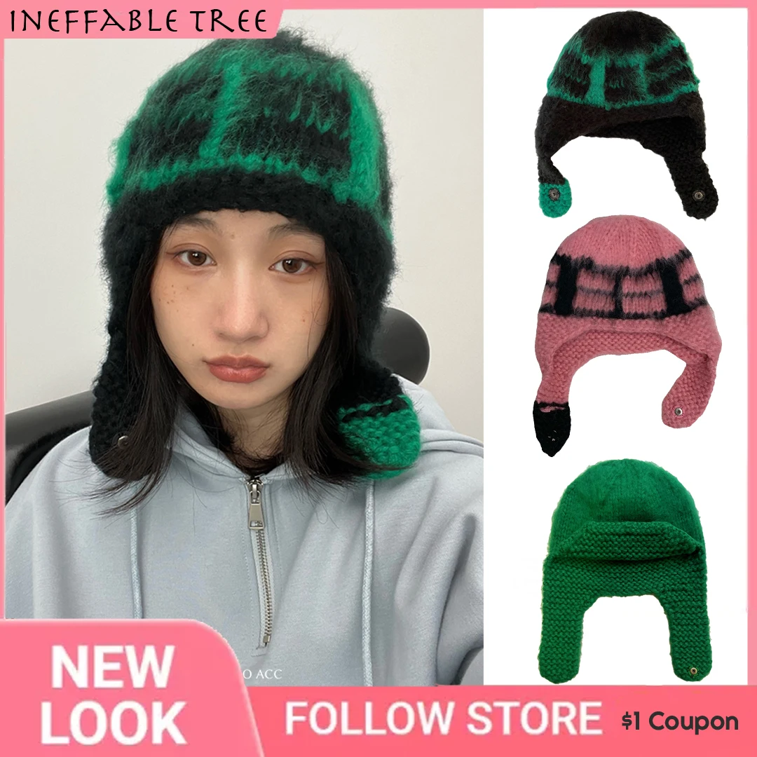 Y2K Women Warm Hooded Scarf Hat Balaclava Pullover Knitted Beanie Hat with Button Goth E Girl Bomber Caps Gorras Accessories