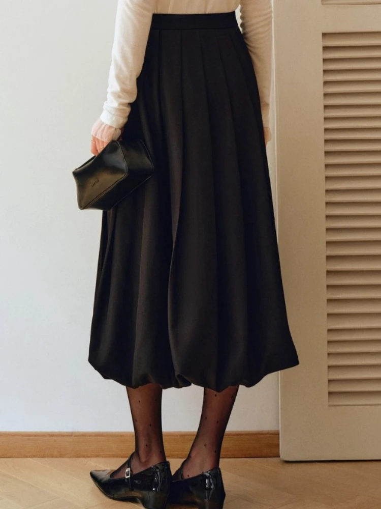 OLrain المرأة برعم تنورة 2025 الخريف جديد في عالية الخصر مطوي ميدي التنانير موضة عادية الصلبة فضفاض تنورة أنيقة O57QB001036